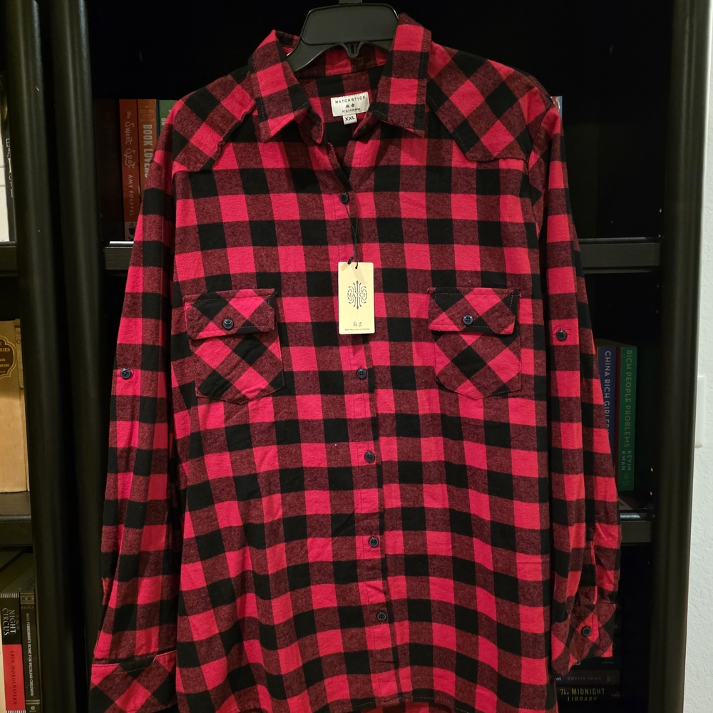 Stylish Women's Red and Black Plaid Button Down Shirt